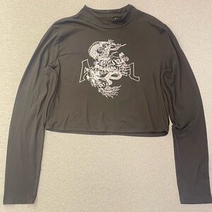 Graphic Crop Top Long Sleeve Black Mock Neck Y2K Goth Streetwear XL